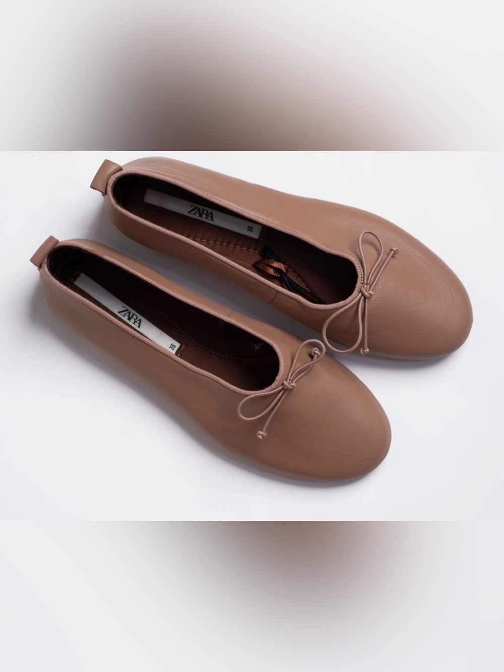 NWT ZARA Tan Leather Flat Shoes Size 6.5(37)